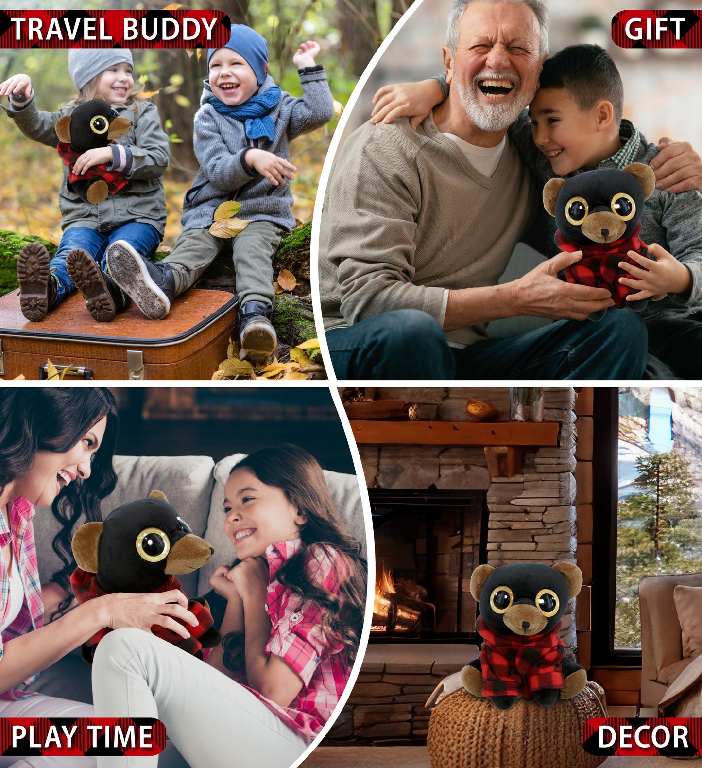 SPARKLE EYES PLUSH - LARGE BLACK BEAR WITH RED PLAID HOODIE