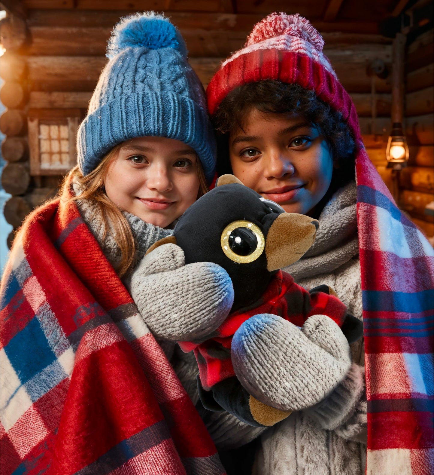 SPARKLE EYES PLUSH - LARGE BLACK BEAR WITH RED PLAID HOODIE