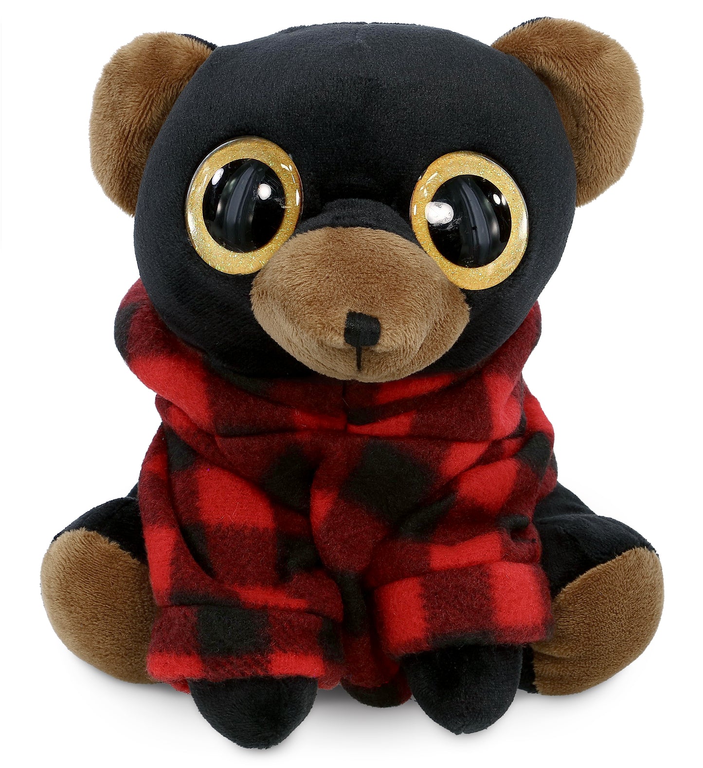 SPARKLE EYES PLUSH - LARGE BLACK BEAR WITH RED PLAID HOODIE
