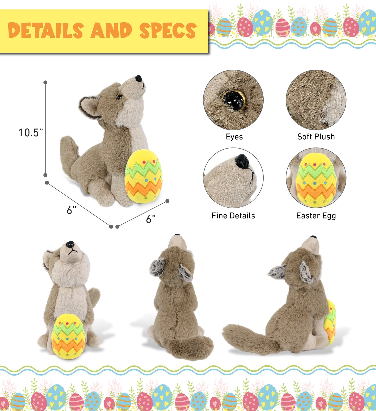DolliBu Super Soft Howling Wolf with Yellow Easter Egg Plush Toy - 10.5 Inches