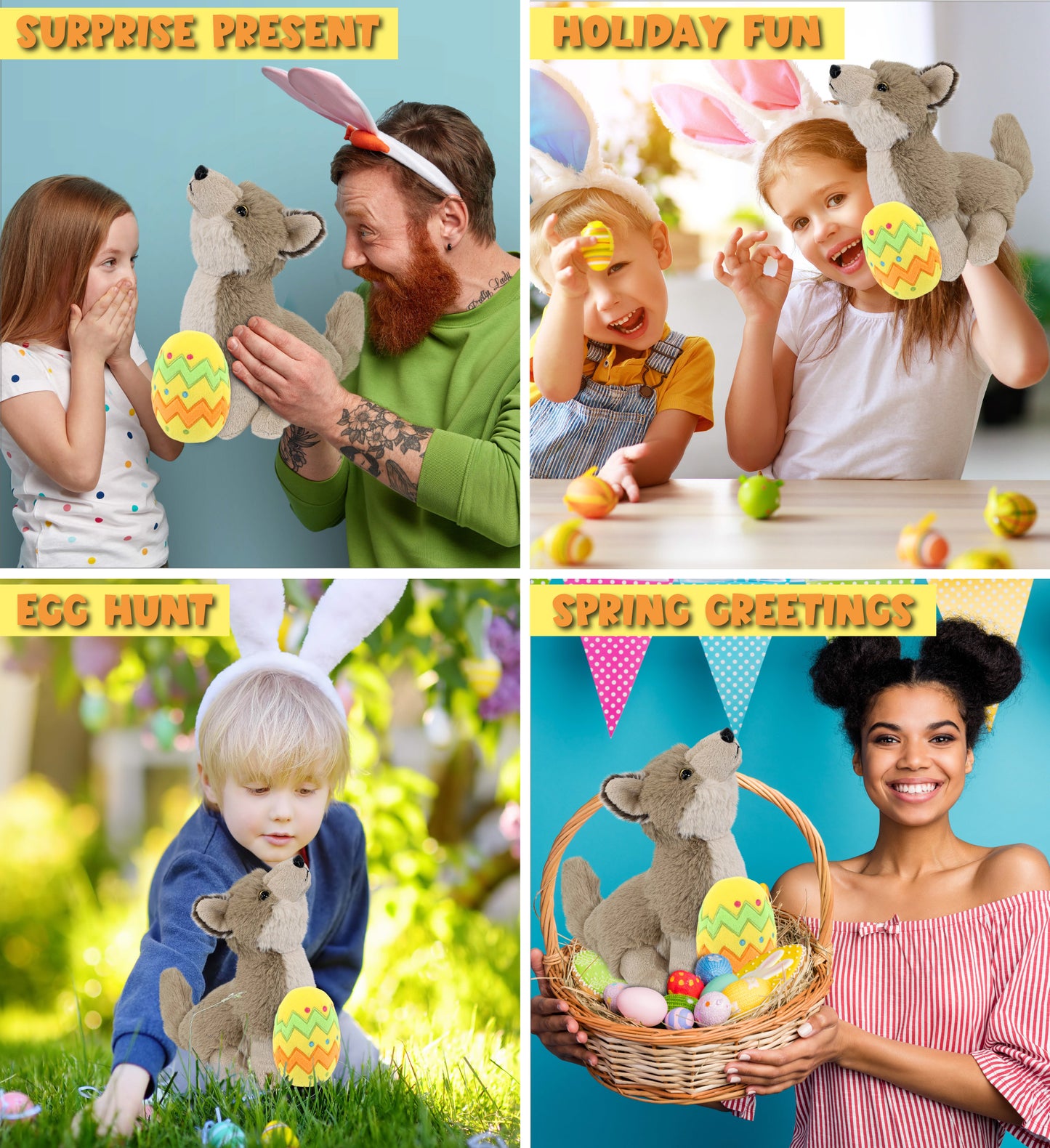 DolliBu Super Soft Howling Wolf with Yellow Easter Egg Plush Toy - 10.5 Inches