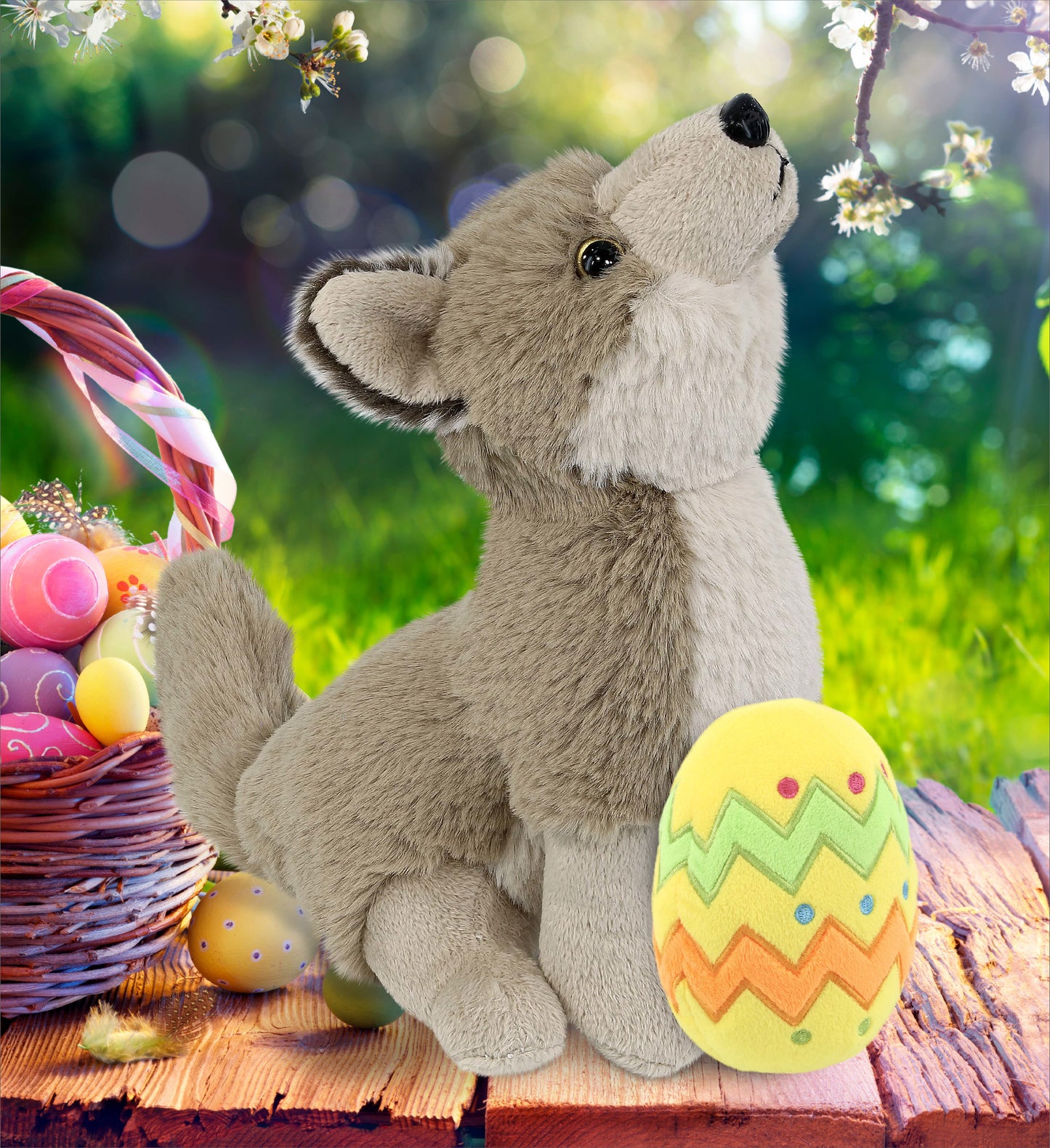 DolliBu Super Soft Howling Wolf with Yellow Easter Egg Plush Toy - 10.5 Inches