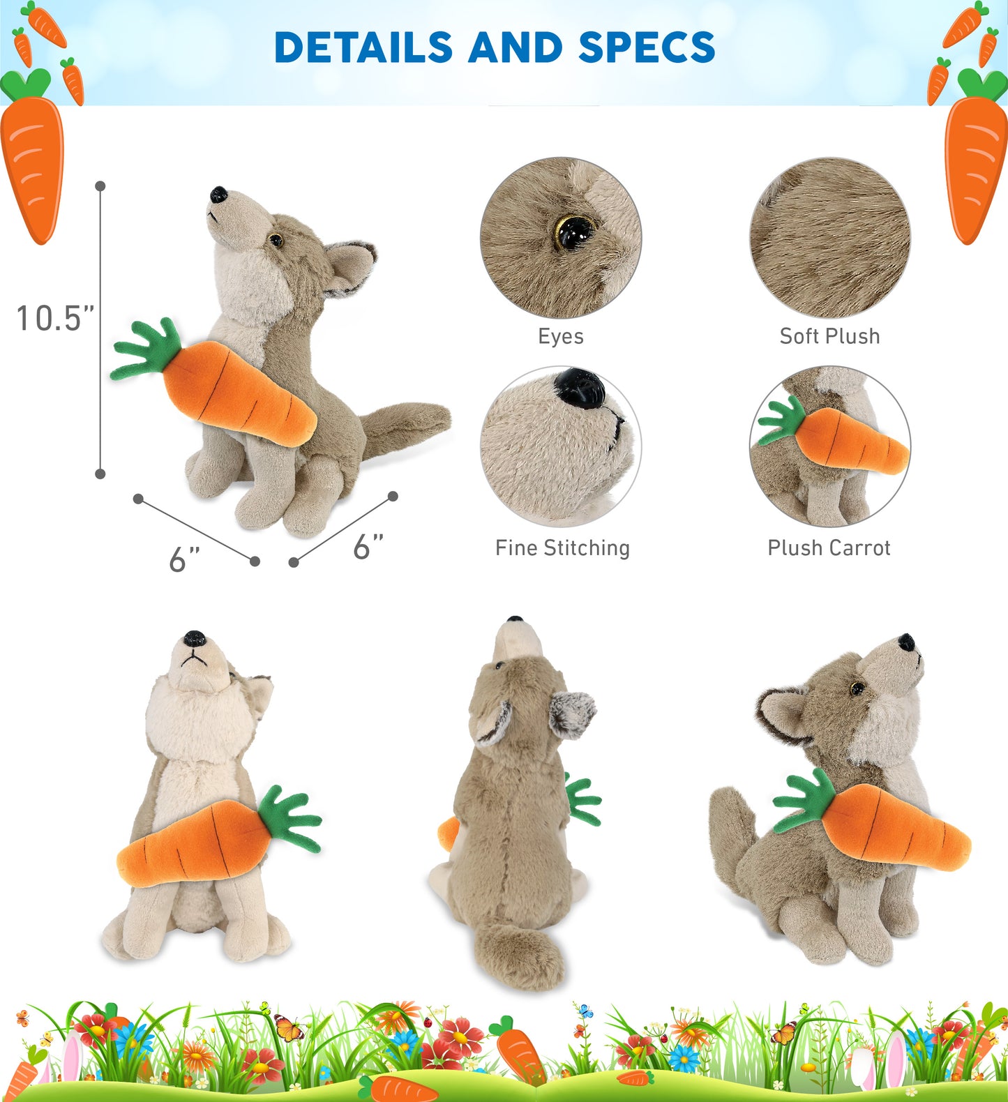 DolliBu Happy Easter Super Soft Plush Howling Wolf with Carrot - 10.5 Inches