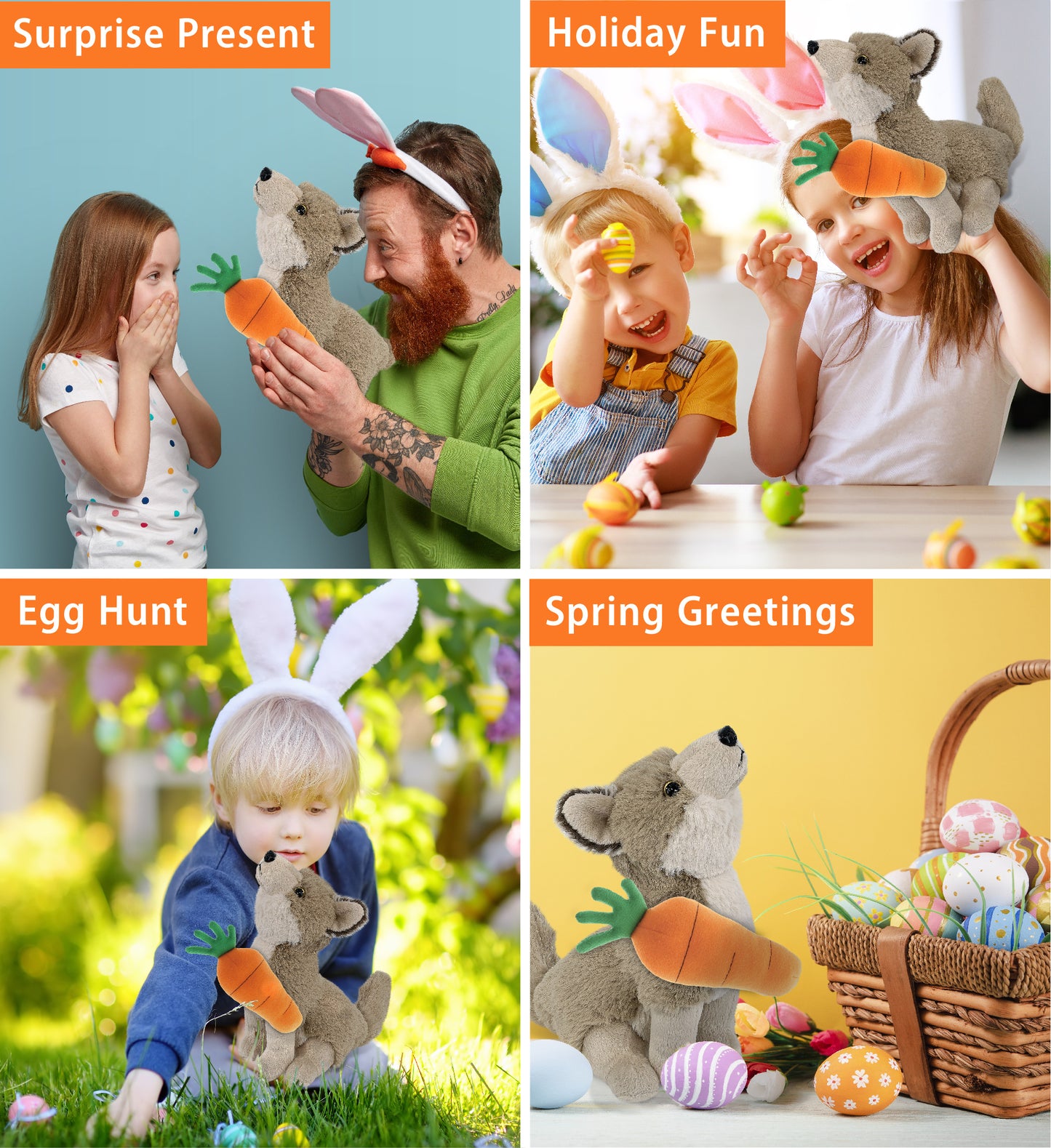 DolliBu Happy Easter Super Soft Plush Howling Wolf with Carrot - 10.5 Inches