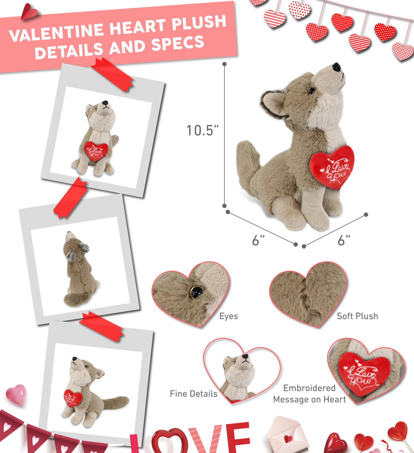 PLUSH I LOVE YOU RED HEART - SUPER-SOFT PLUSH - HOWLING WOLF 10.5"