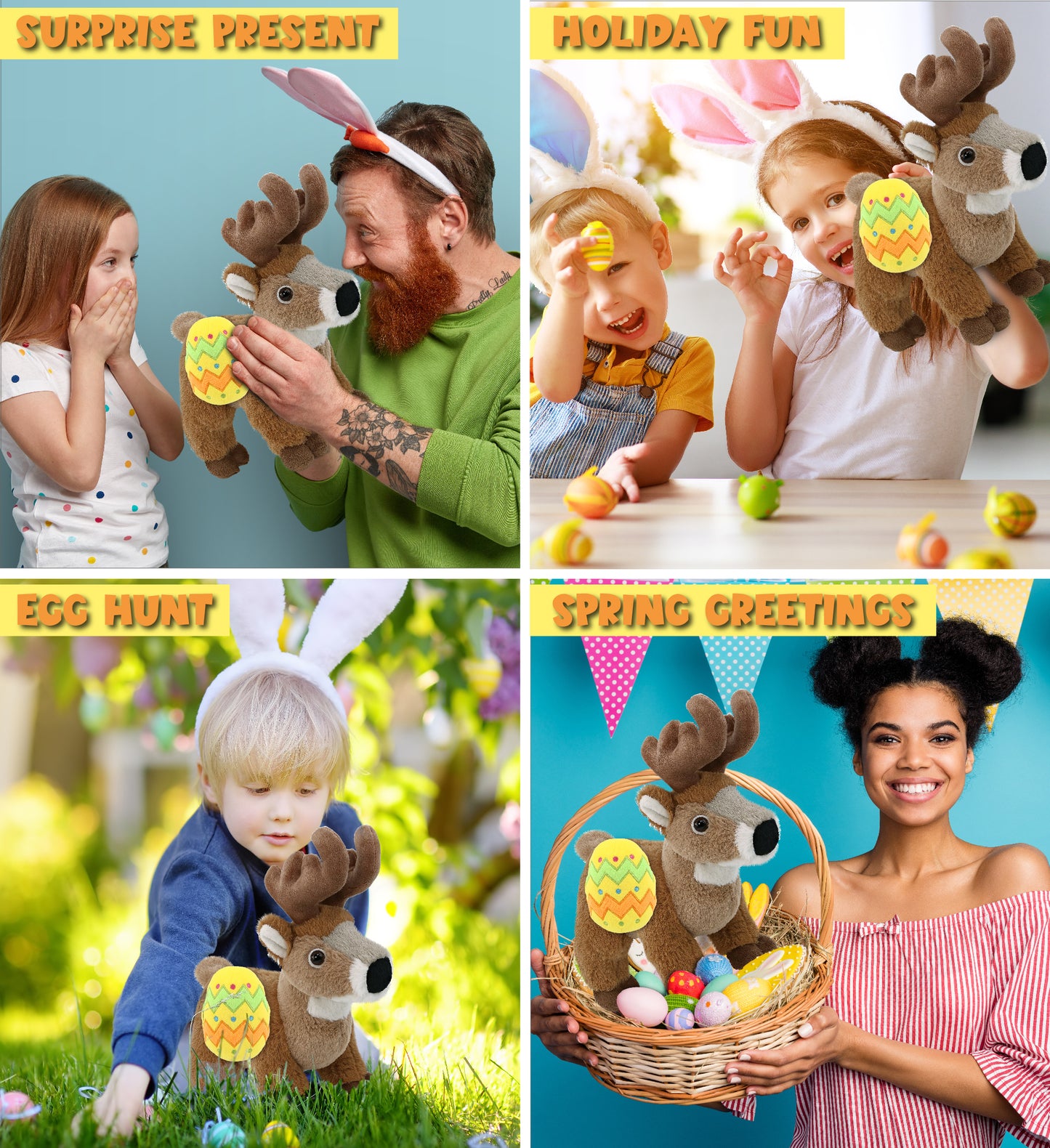 DolliBu Super Soft Standing Deer with Yellow Easter Egg Plush Toy - 9 Inches