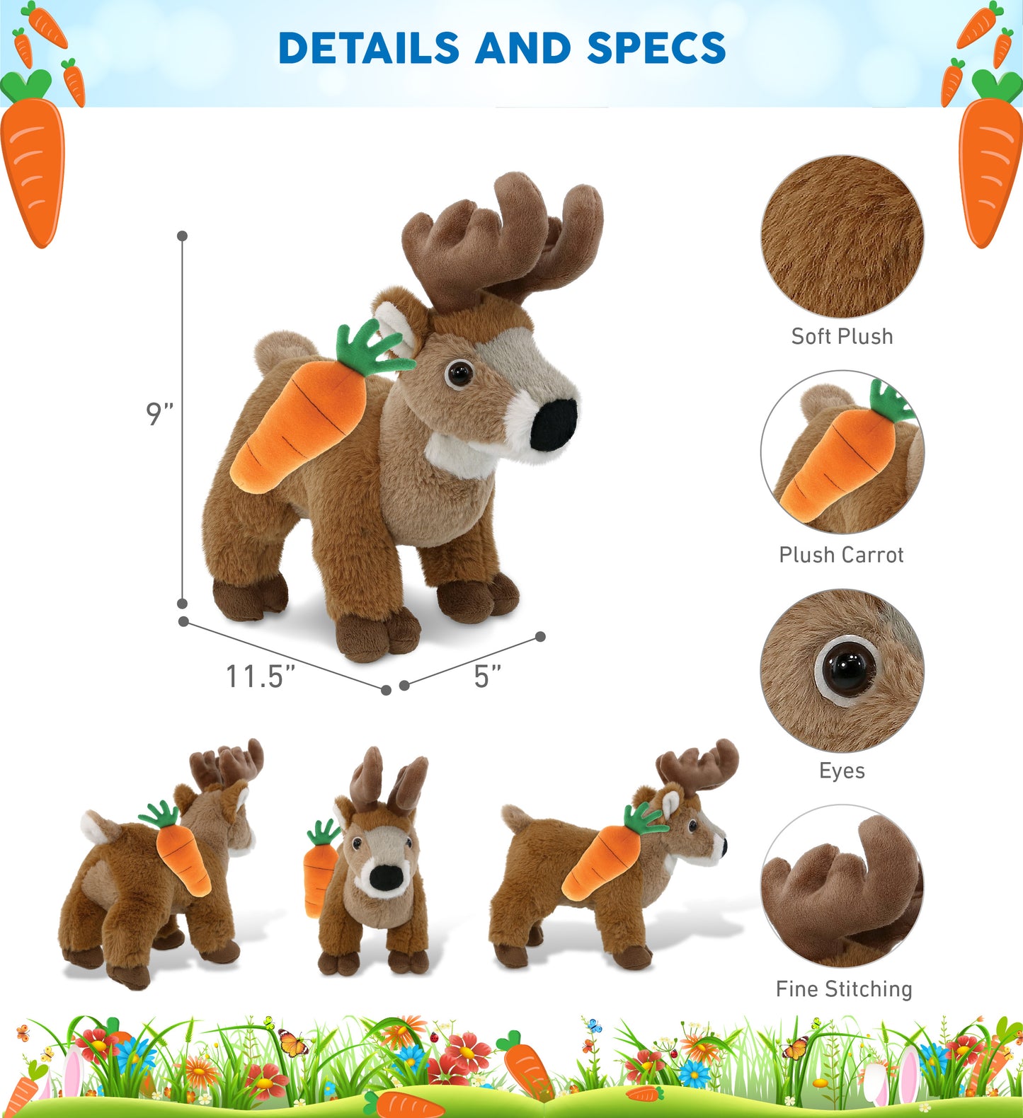 DolliBu Happy Easter Super Soft Plush Standing Deer with Carrot - 9 Inches