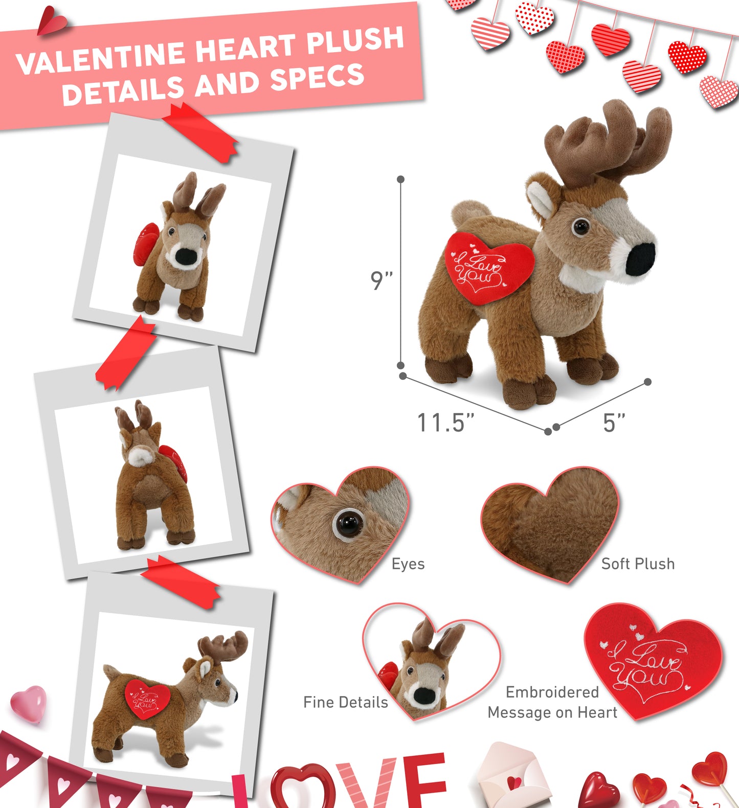 PLUSH I LOVE YOU RED HEART - SUPER-SOFT PLUSH - STANDING DEER 9"