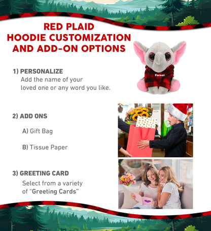 SPARKLE EYES PLUSH - SMALL ELEPHANT WITH RED PLAID HOODIE