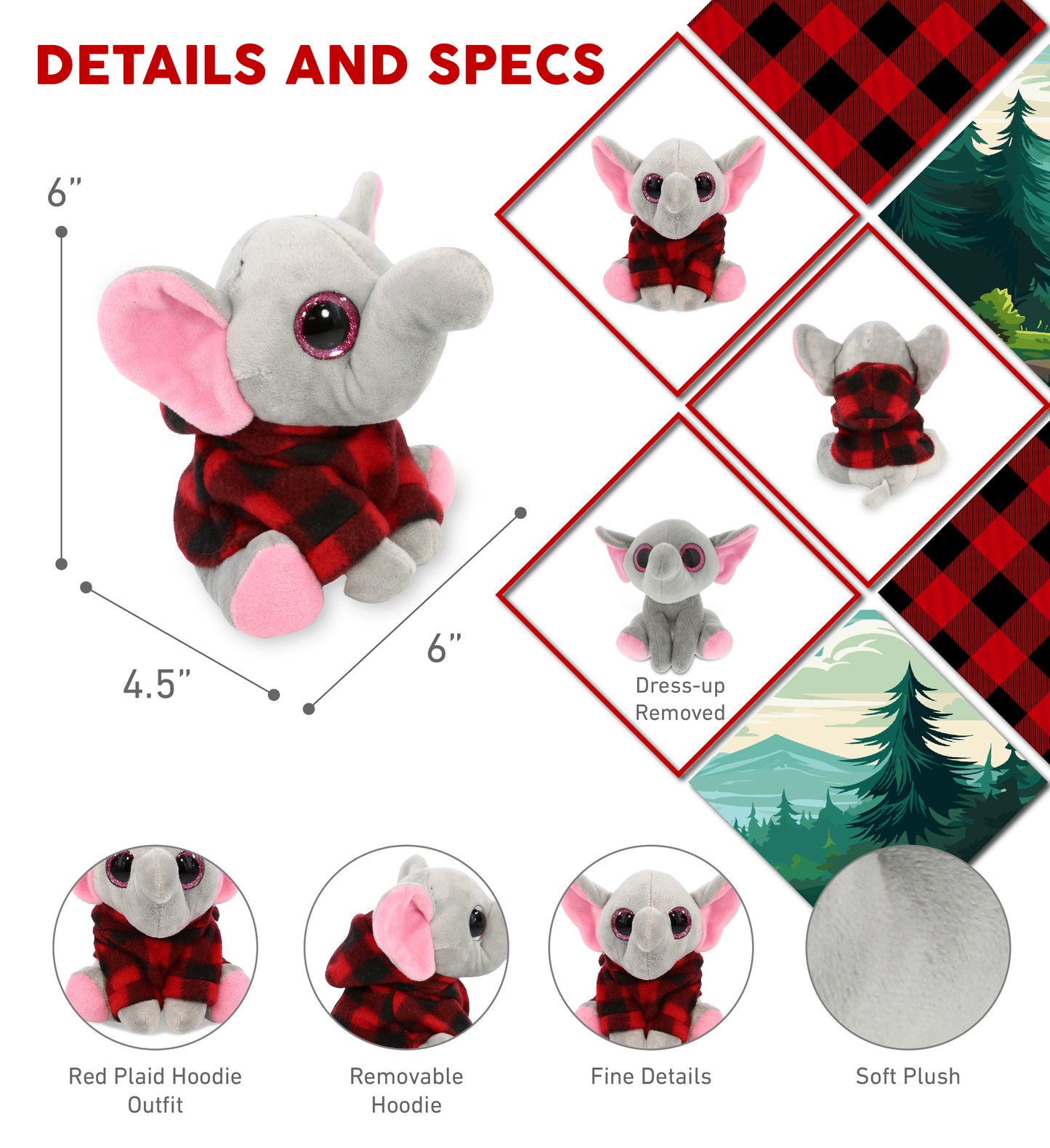SPARKLE EYES PLUSH - SMALL ELEPHANT WITH RED PLAID HOODIE