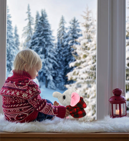 SPARKLE EYES PLUSH - SMALL ELEPHANT WITH RED PLAID HOODIE