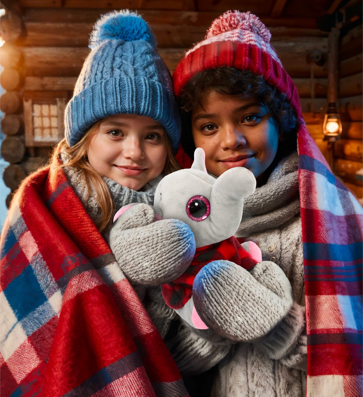 SPARKLE EYES PLUSH - SMALL ELEPHANT WITH RED PLAID HOODIE