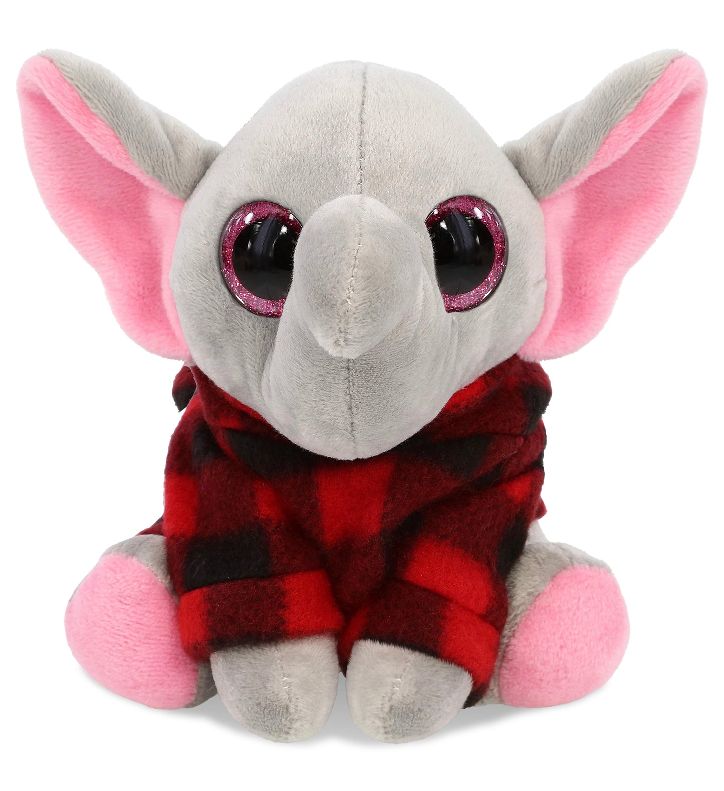 SPARKLE EYES PLUSH - SMALL ELEPHANT WITH RED PLAID HOODIE