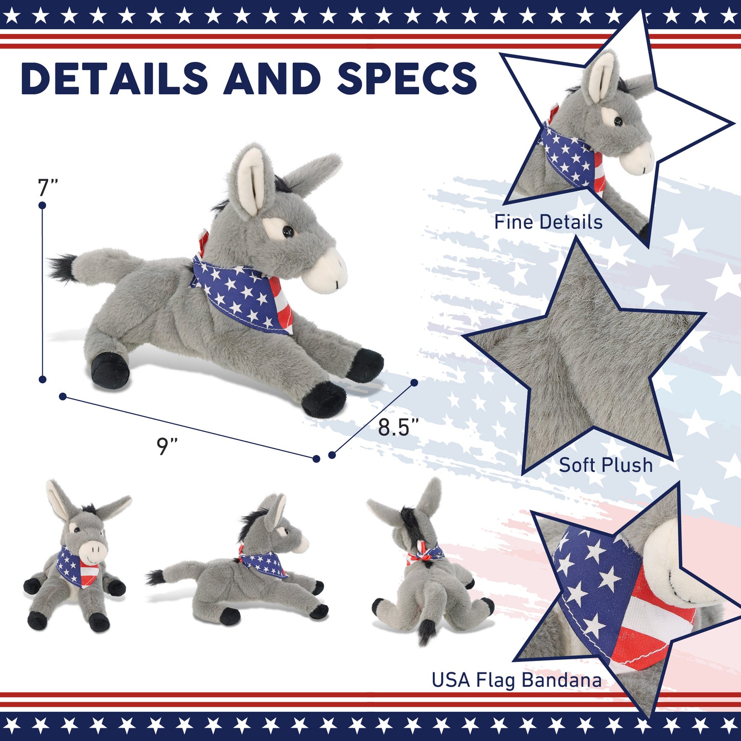SUPER-SOFT PLUSH - LAYING DONKEY 9" WITH USA BANDANA