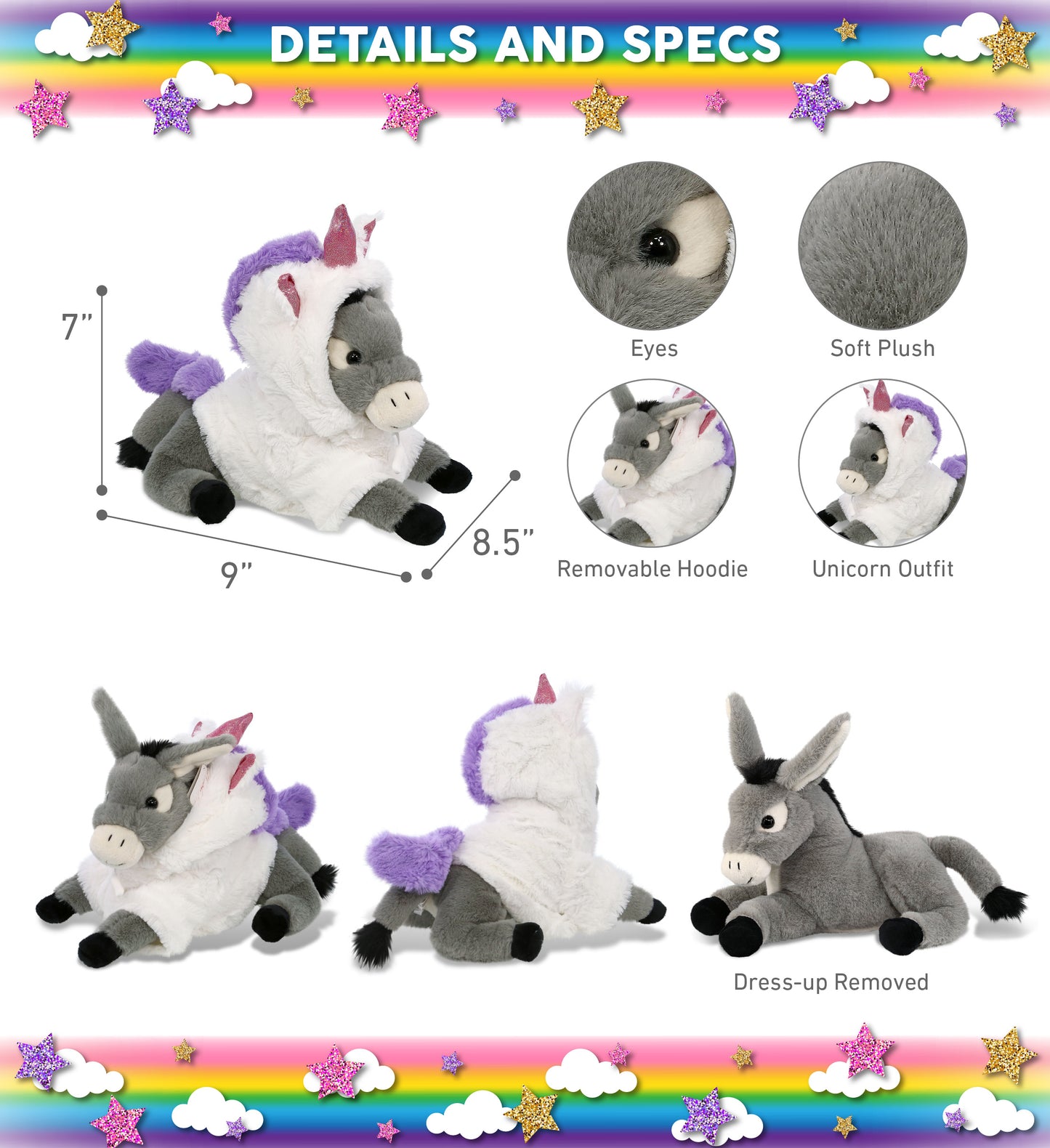 SUPER-SOFT PLUSH - LAYING DONKEY 9" WITH UNICORN DRESS UP