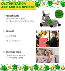 DolliBu Soft Laying Donkey Stuffed Animal with Green Plush Shamrock - 9 Inches