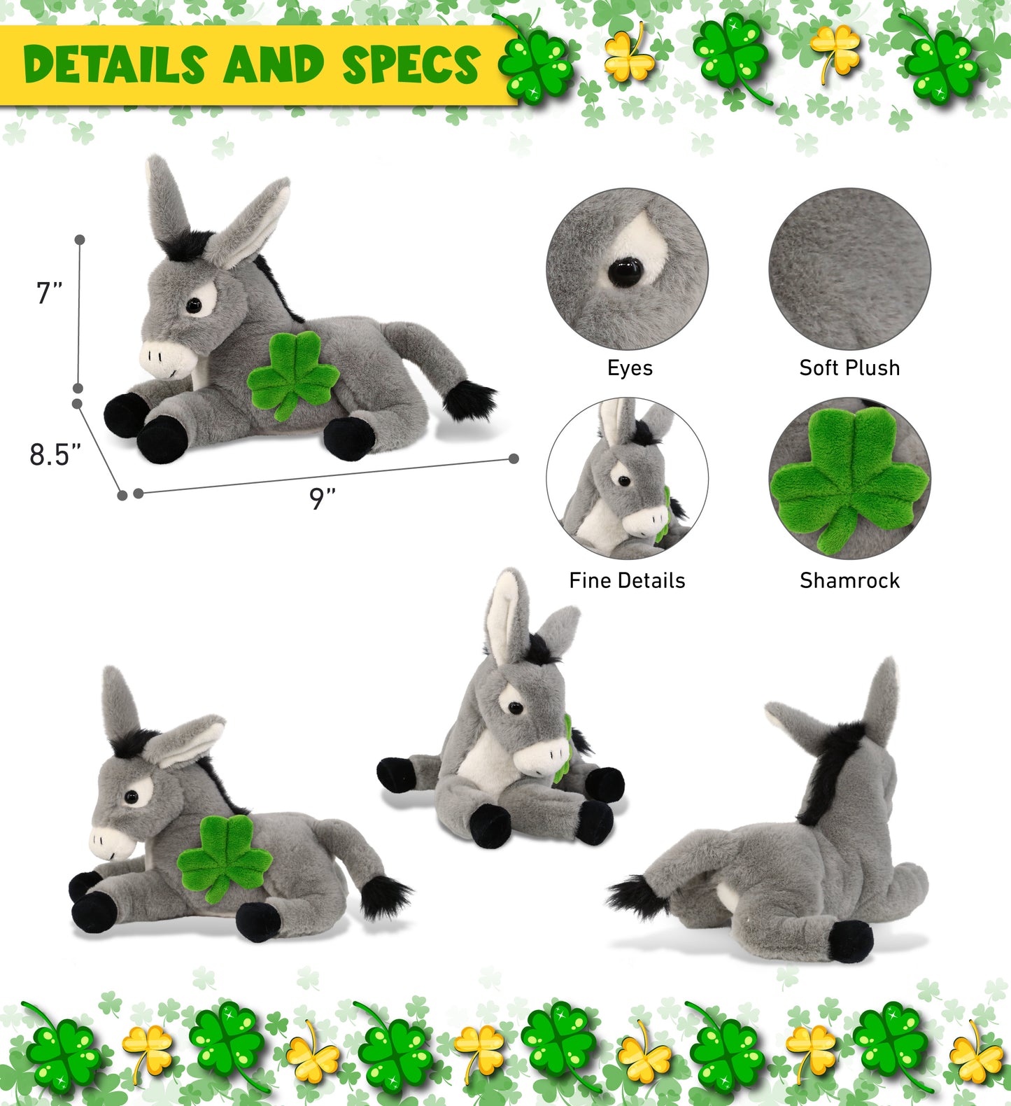 DolliBu Soft Laying Donkey Stuffed Animal with Green Plush Shamrock - 9 Inches