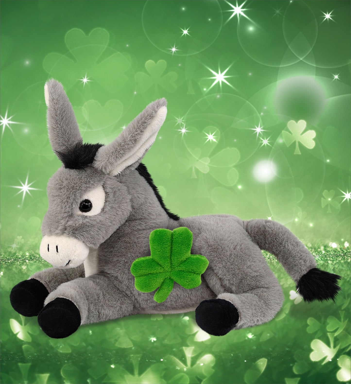 DolliBu Soft Laying Donkey Stuffed Animal with Green Plush Shamrock - 9 Inches