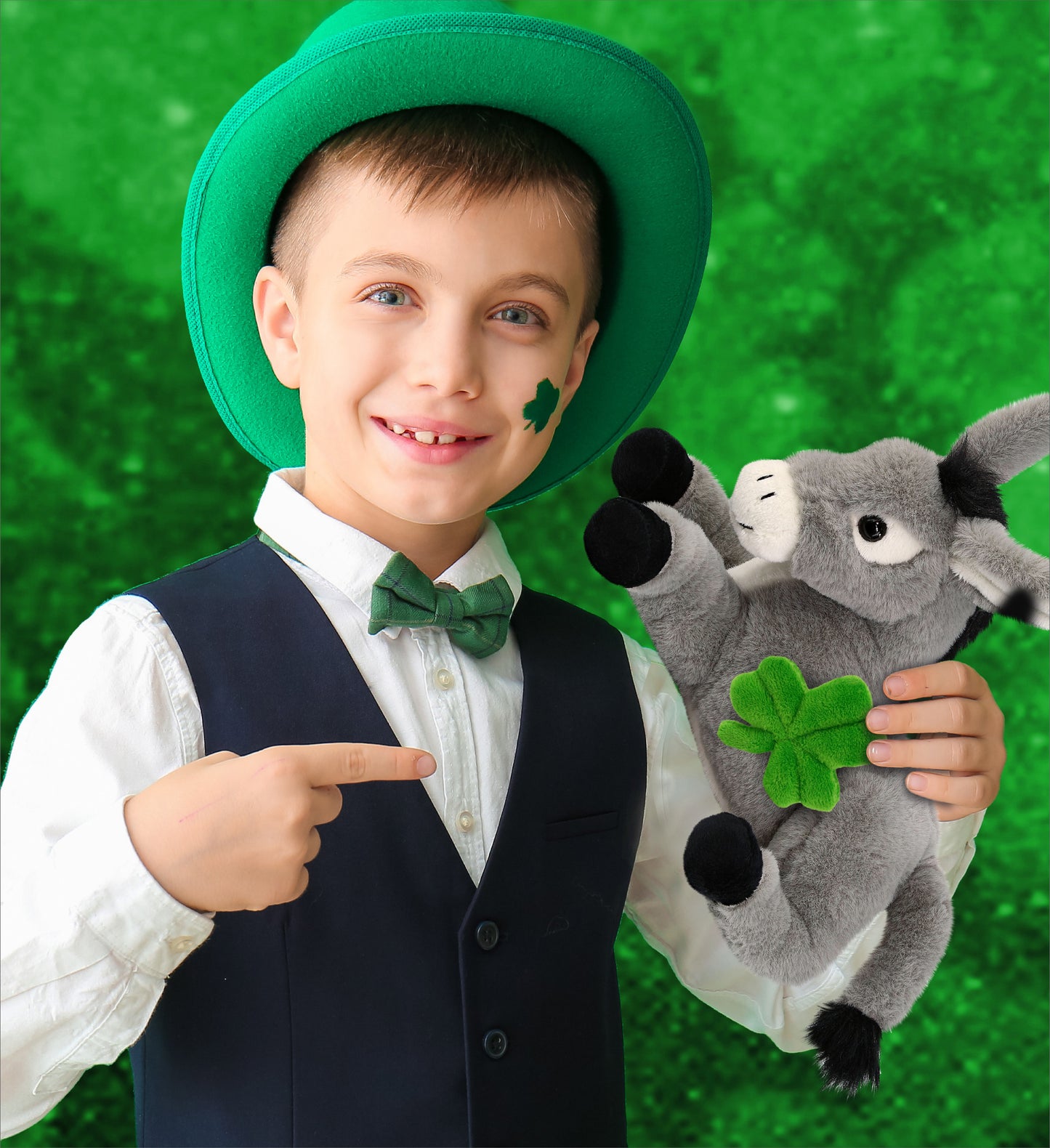 DolliBu Soft Laying Donkey Stuffed Animal with Green Plush Shamrock - 9 Inches