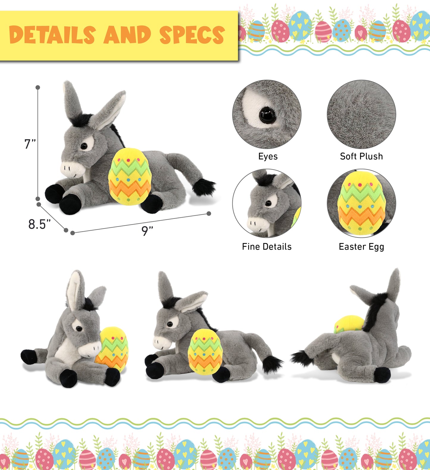 DolliBu Super Soft Lying Donkey with Yellow Easter Egg Plush Toy - 9 Inches