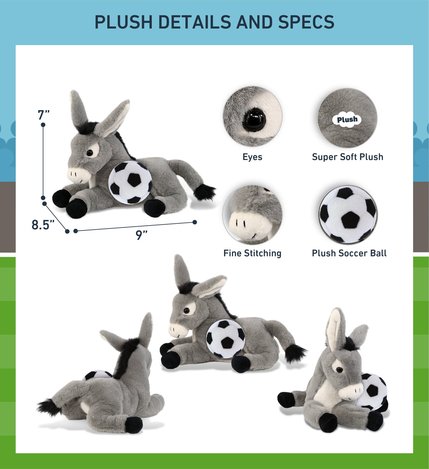 SUPER-SOFT PLUSH - LAYING DONKEY 9" WITH SOCCER PLUSH