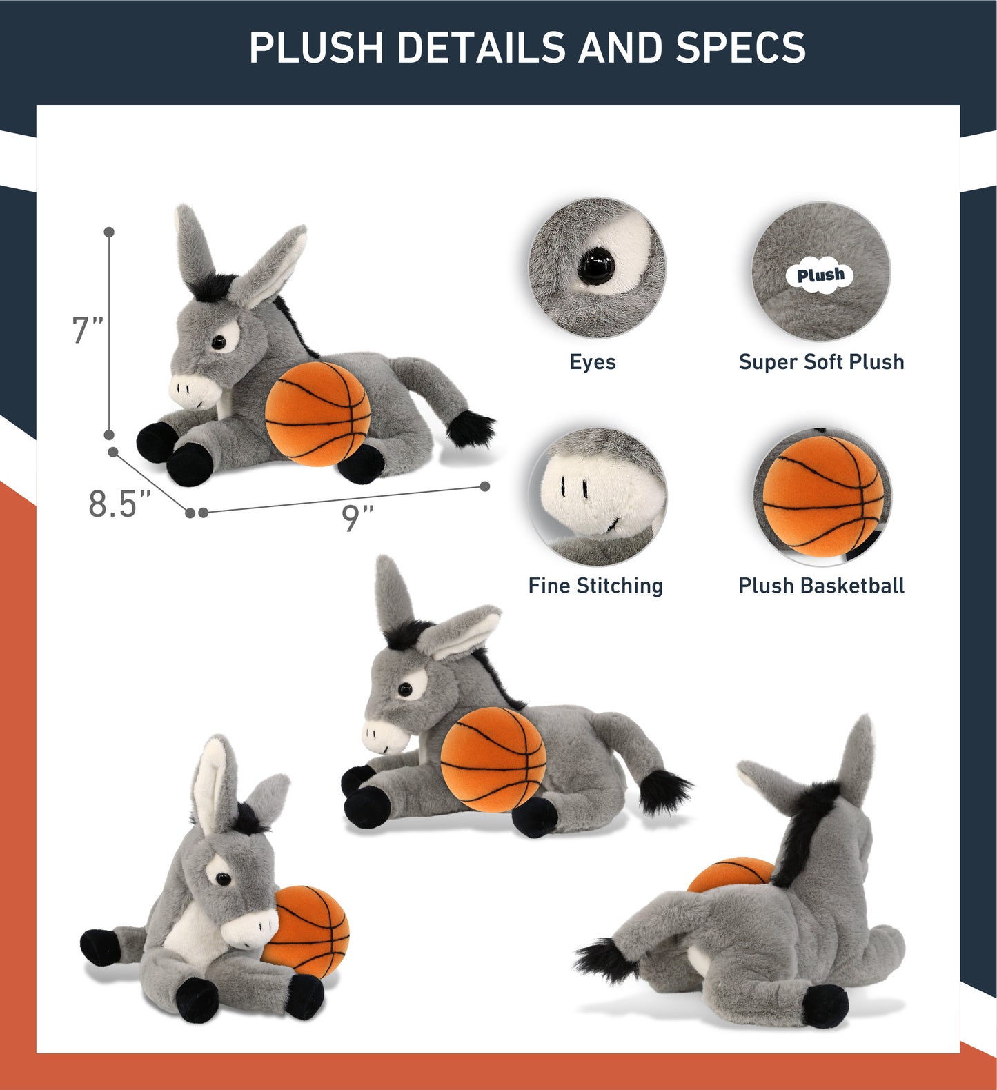 SUPER-SOFT PLUSH - LAYING DONKEY 9" WITH BASKETBALL PLUSH