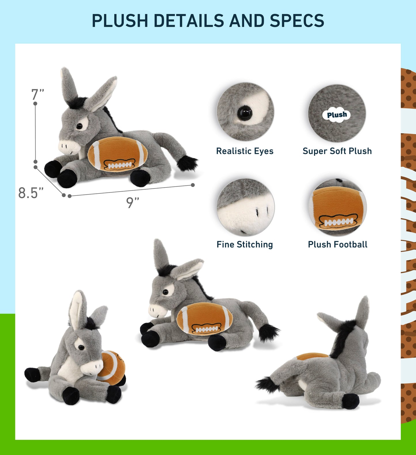 SUPER-SOFT PLUSH - LAYING DONKEY 9" WITH FOOTBALL PLUSH