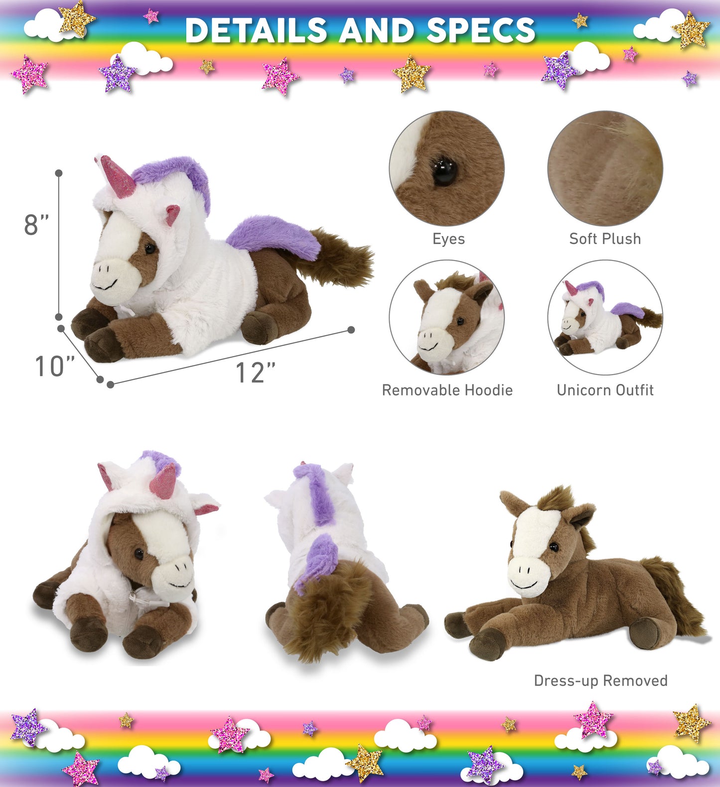 SUPER-SOFT PLUSH - LAYING BROWN HORSE 12" WITH UNICORN DRESS UP