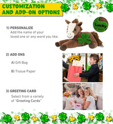 DolliBu Laying Brown Horse Stuffed Animal with Green Plush Shamrock - 12 Inches