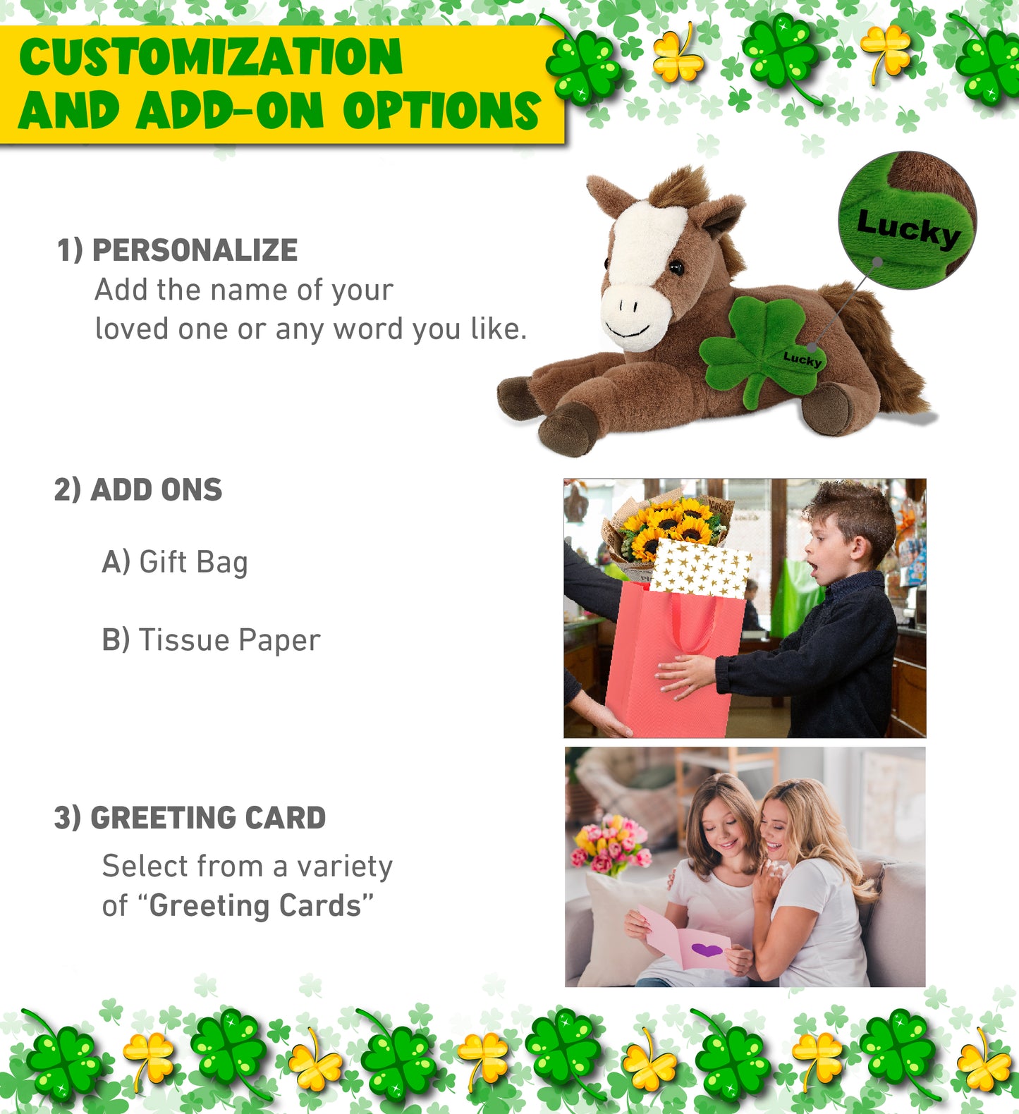 DolliBu Laying Brown Horse Stuffed Animal with Green Plush Shamrock - 12 Inches
