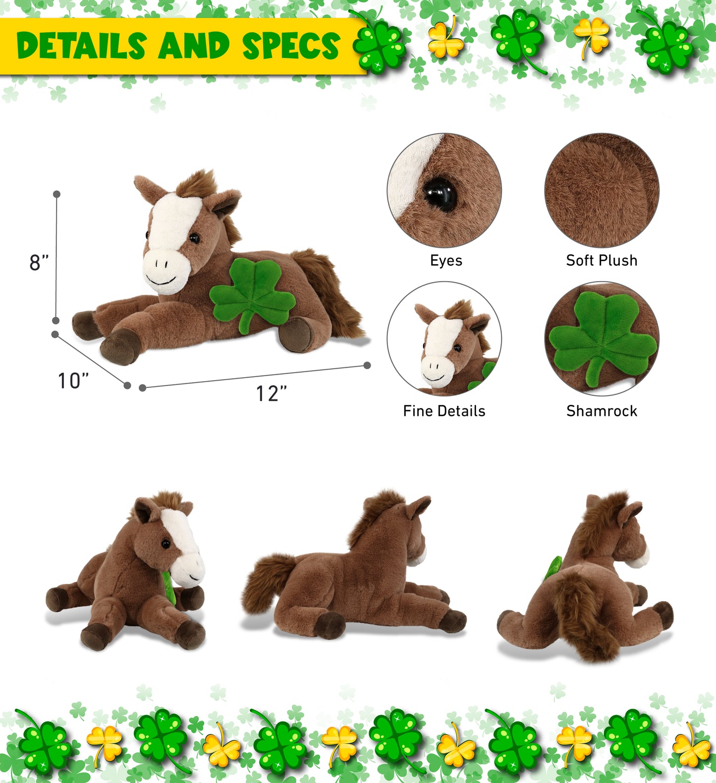 DolliBu Laying Brown Horse Stuffed Animal with Green Plush Shamrock - 12 Inches