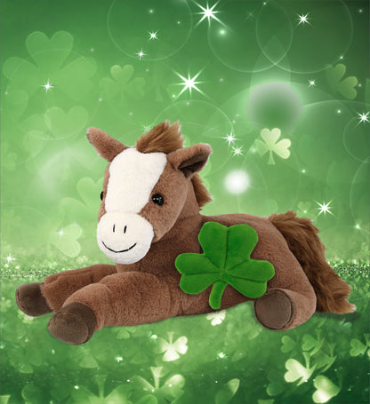 DolliBu Laying Brown Horse Stuffed Animal with Green Plush Shamrock - 12 Inches