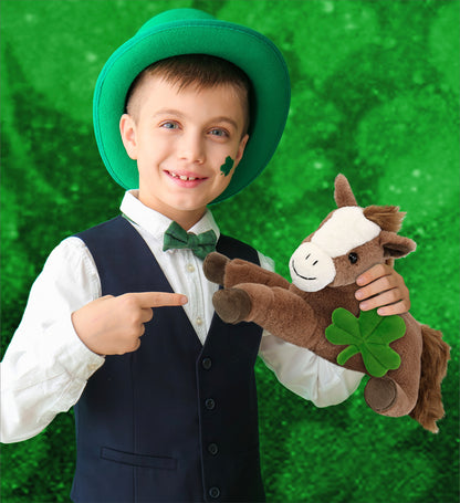 DolliBu Laying Brown Horse Stuffed Animal with Green Plush Shamrock - 12 Inches