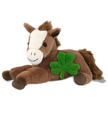 DolliBu Laying Brown Horse Stuffed Animal with Green Plush Shamrock - 12 Inches
