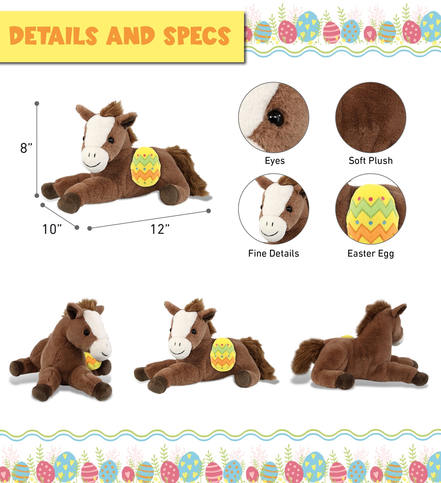 DolliBu Super Soft Lying Brown Horse with Yellow Easter Egg Plush - 12 Inches