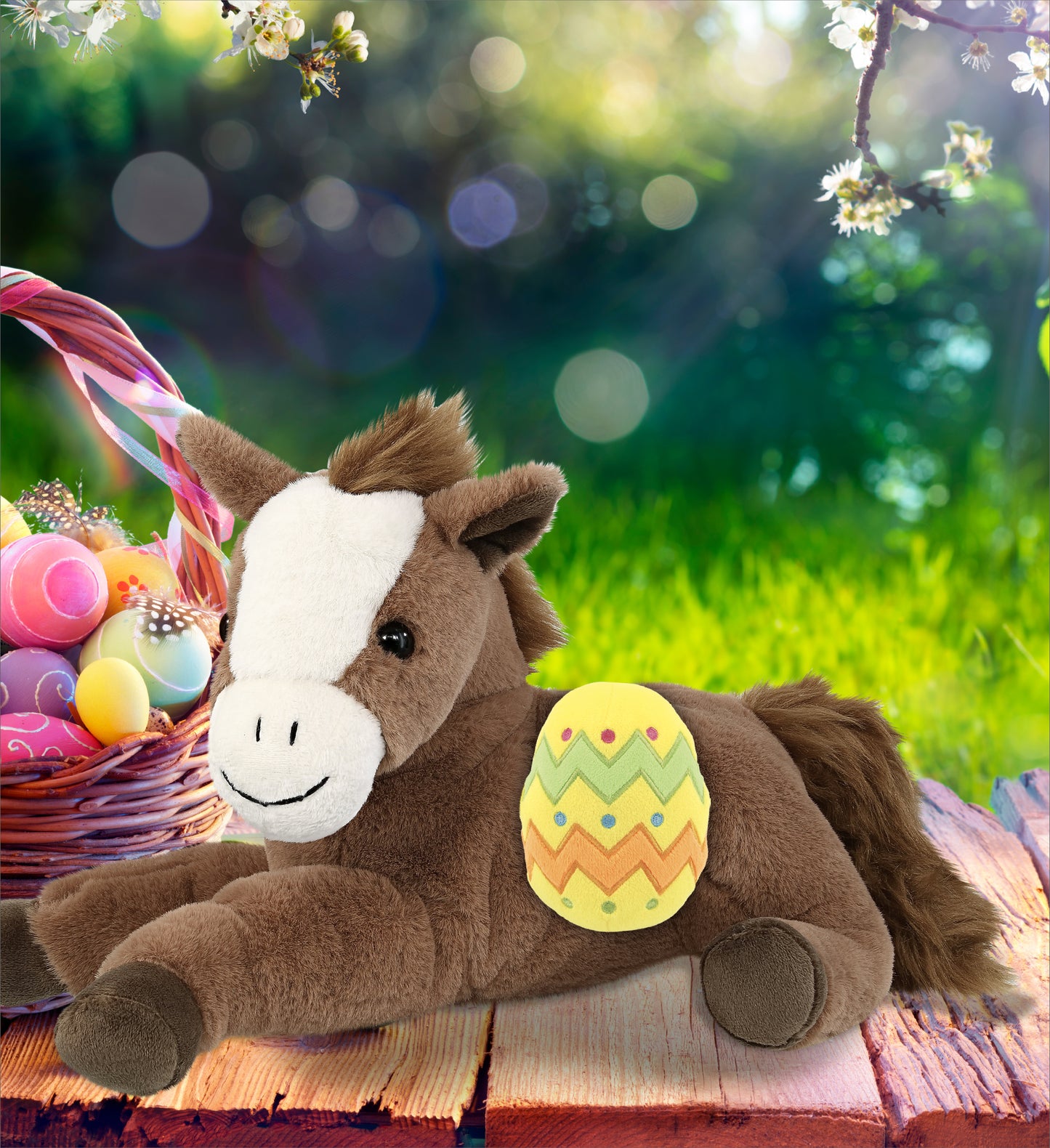 DolliBu Super Soft Lying Brown Horse with Yellow Easter Egg Plush - 12 Inches