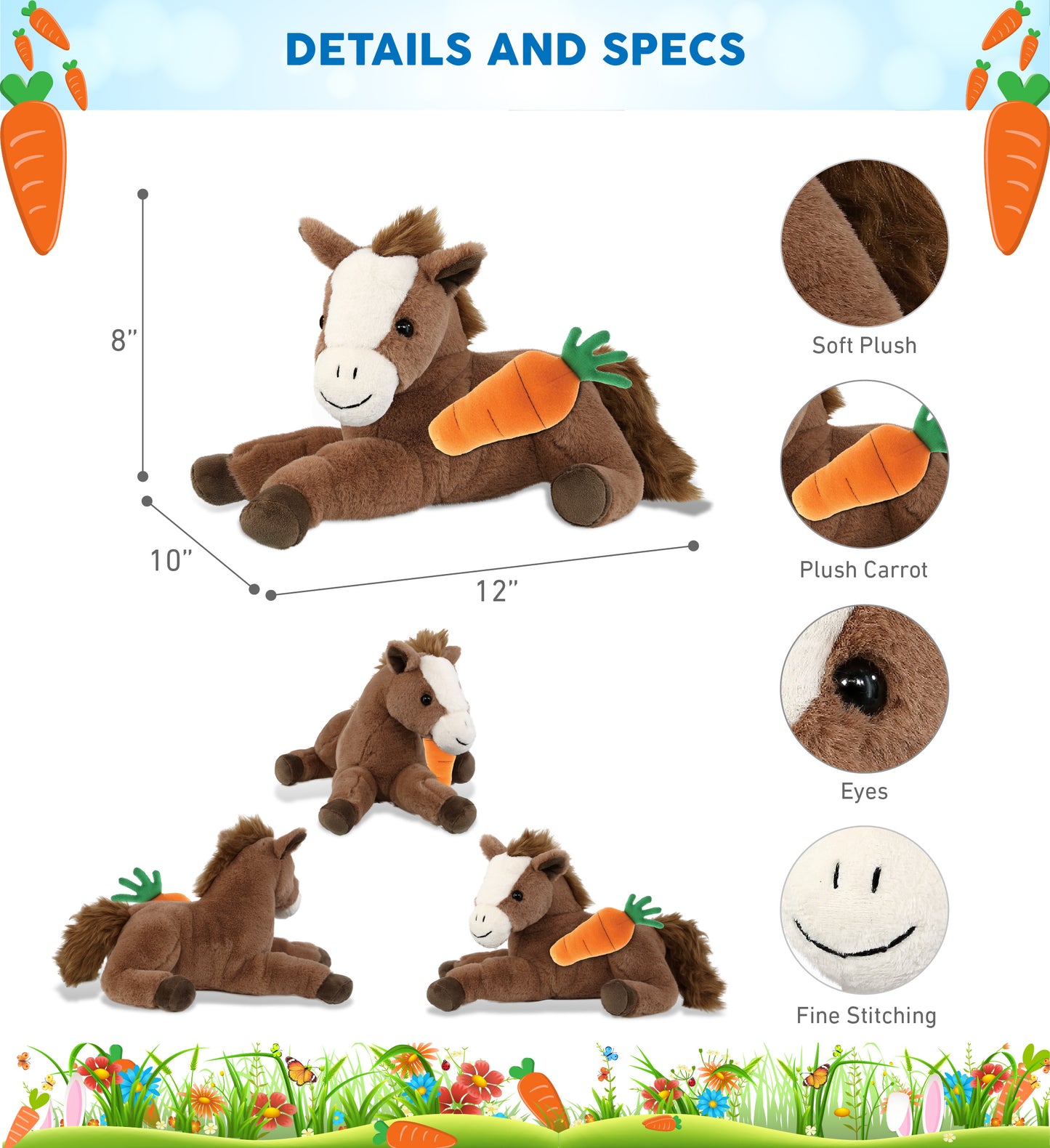 DolliBu Happy Easter Super Soft Plush Lying Brown Horse with Carrot - 12 Inches