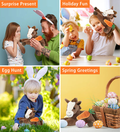 DolliBu Happy Easter Super Soft Plush Lying Brown Horse with Carrot - 12 Inches