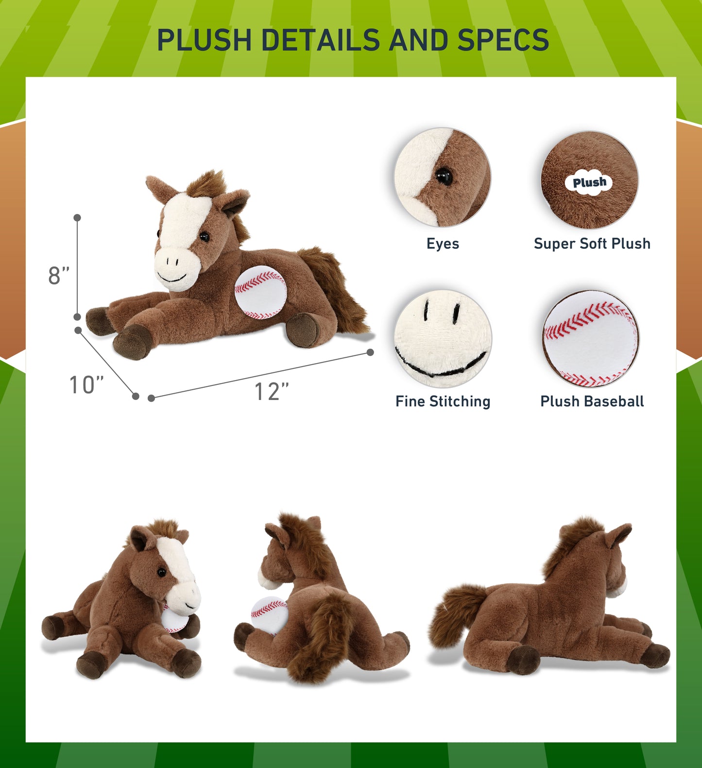 SUPER-SOFT PLUSH - LAYING BROWN HORSE 12" WITH BASEBALL PLUSH