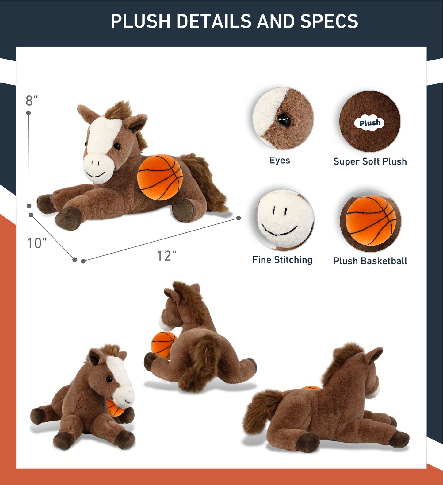 SUPER-SOFT PLUSH - LAYING BROWN HORSE 12" WITH BASKETBALL PLUSH
