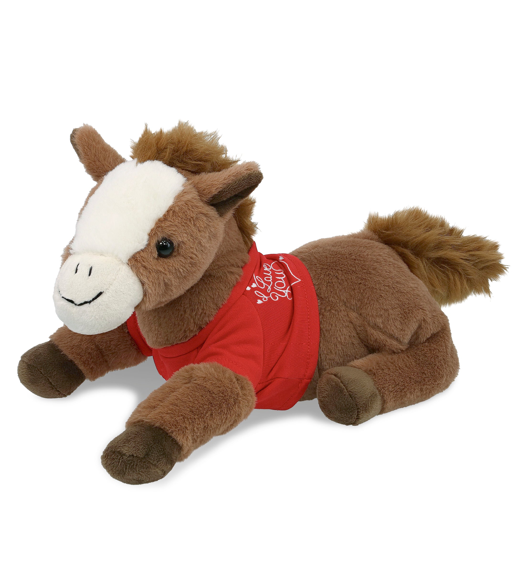 PLUSH I LOVE YOU RED SHIRT- SUPER-SOFT PLUSH - LAYING BROWN HORSE 12"