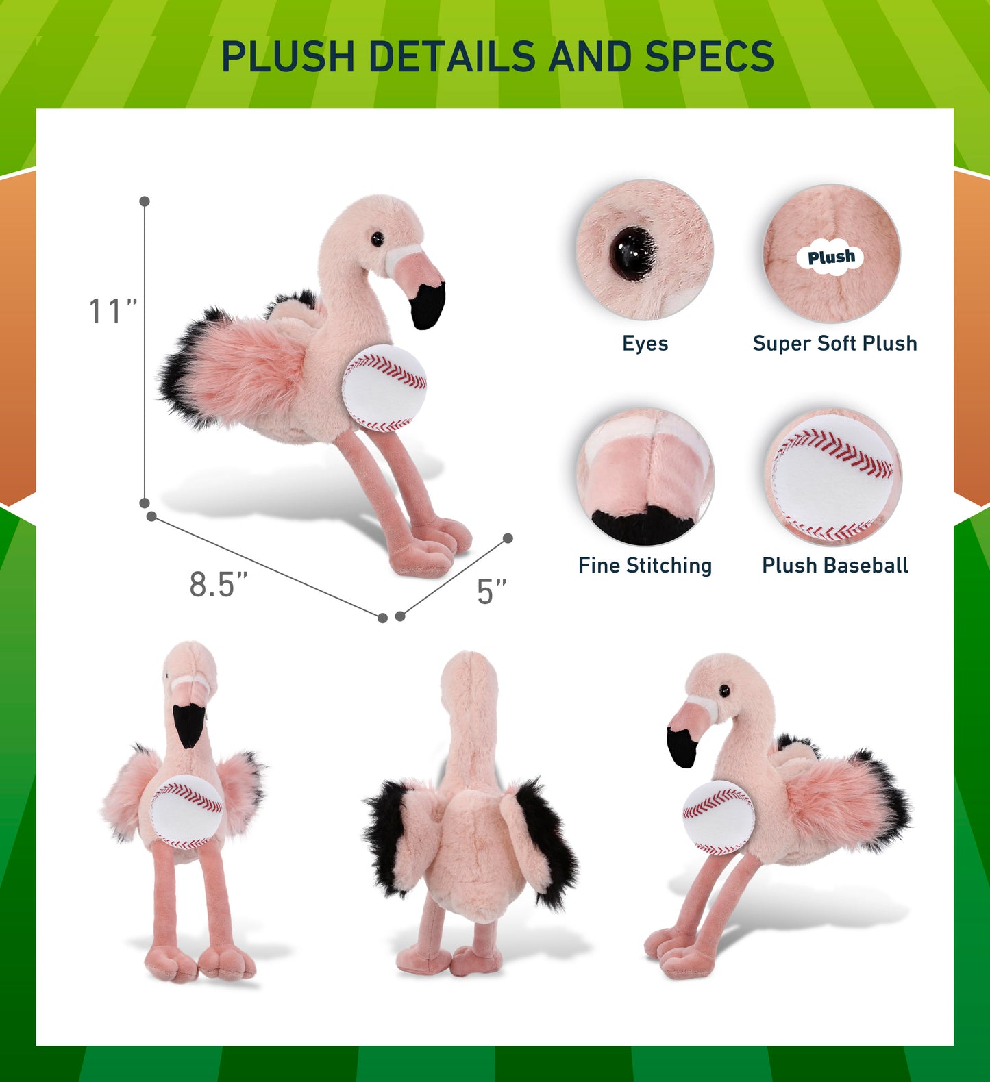 SUPER-SOFT PLUSH - ROSE FLAMINGO 8.5" with Baseball Plush