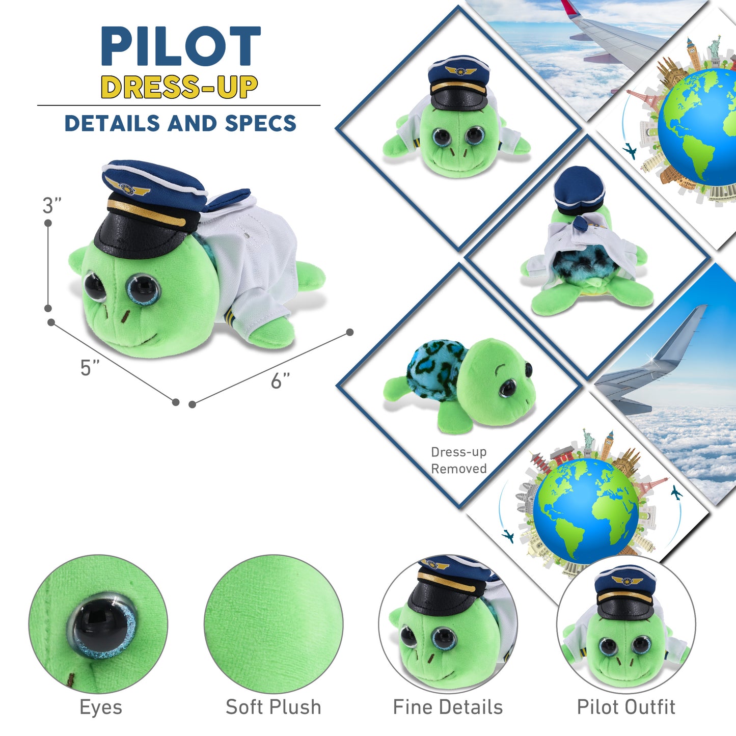 BIG EYE 6" PLUSH - BLUE SHELL SEA TURTLE PILOT DRESS UP