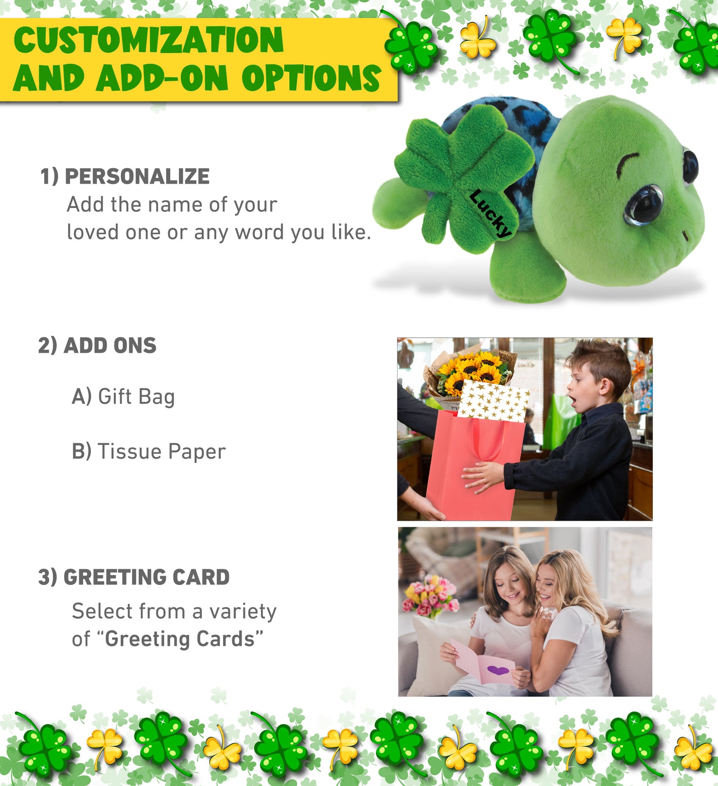 DolliBu Blue Shell Sea Turtle Stuffed Animal with Green Plush Shamrock - 6 Inch