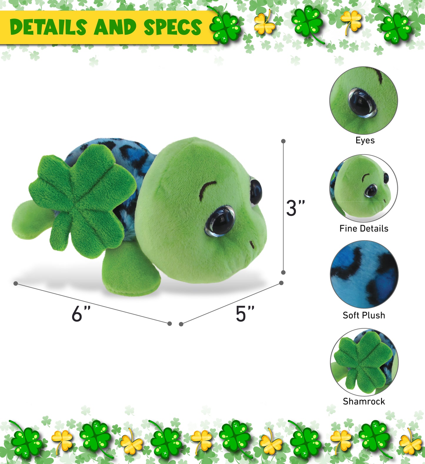 DolliBu Blue Shell Sea Turtle Stuffed Animal with Green Plush Shamrock - 6 Inch