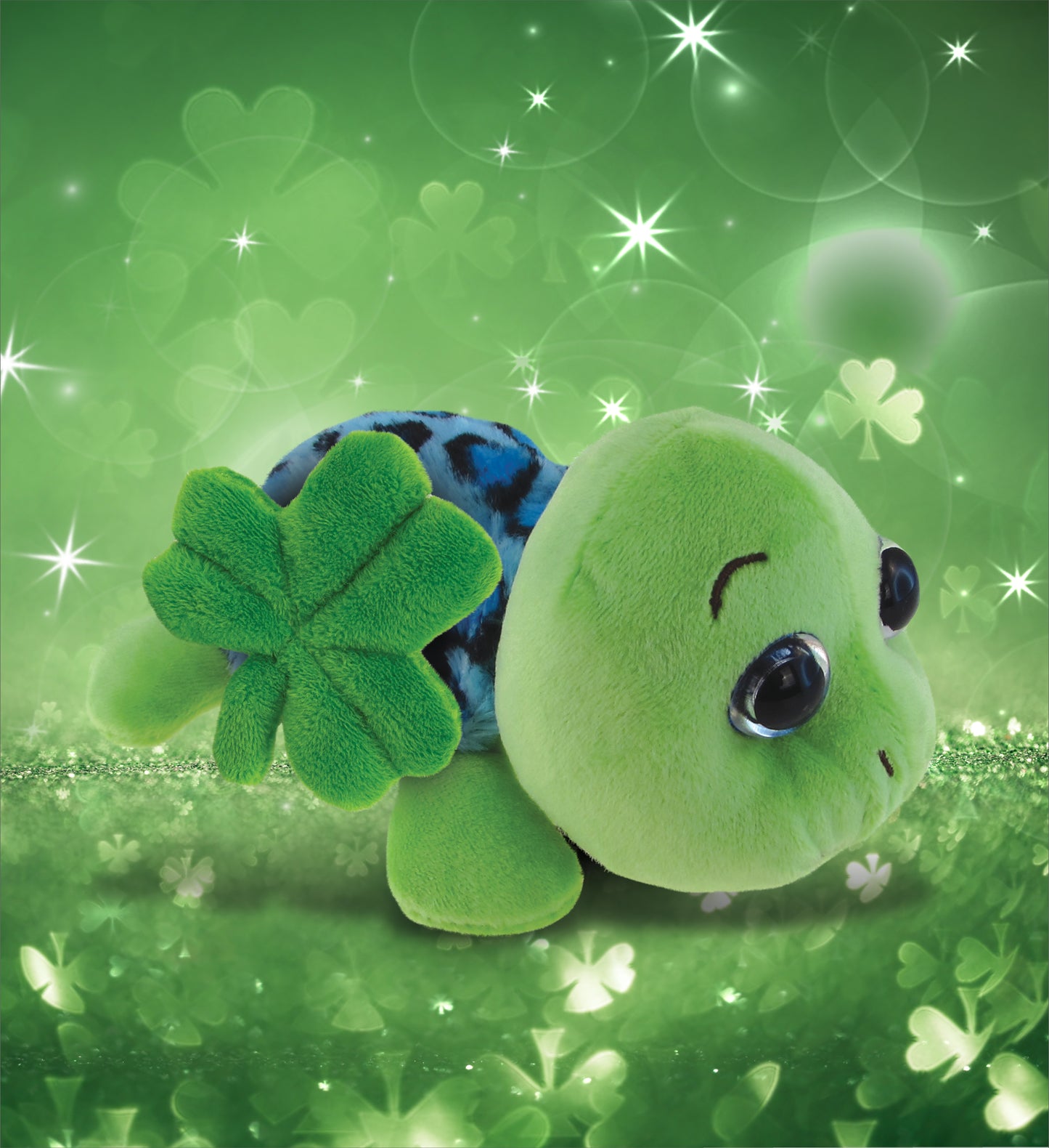 DolliBu Blue Shell Sea Turtle Stuffed Animal with Green Plush Shamrock - 6 Inch