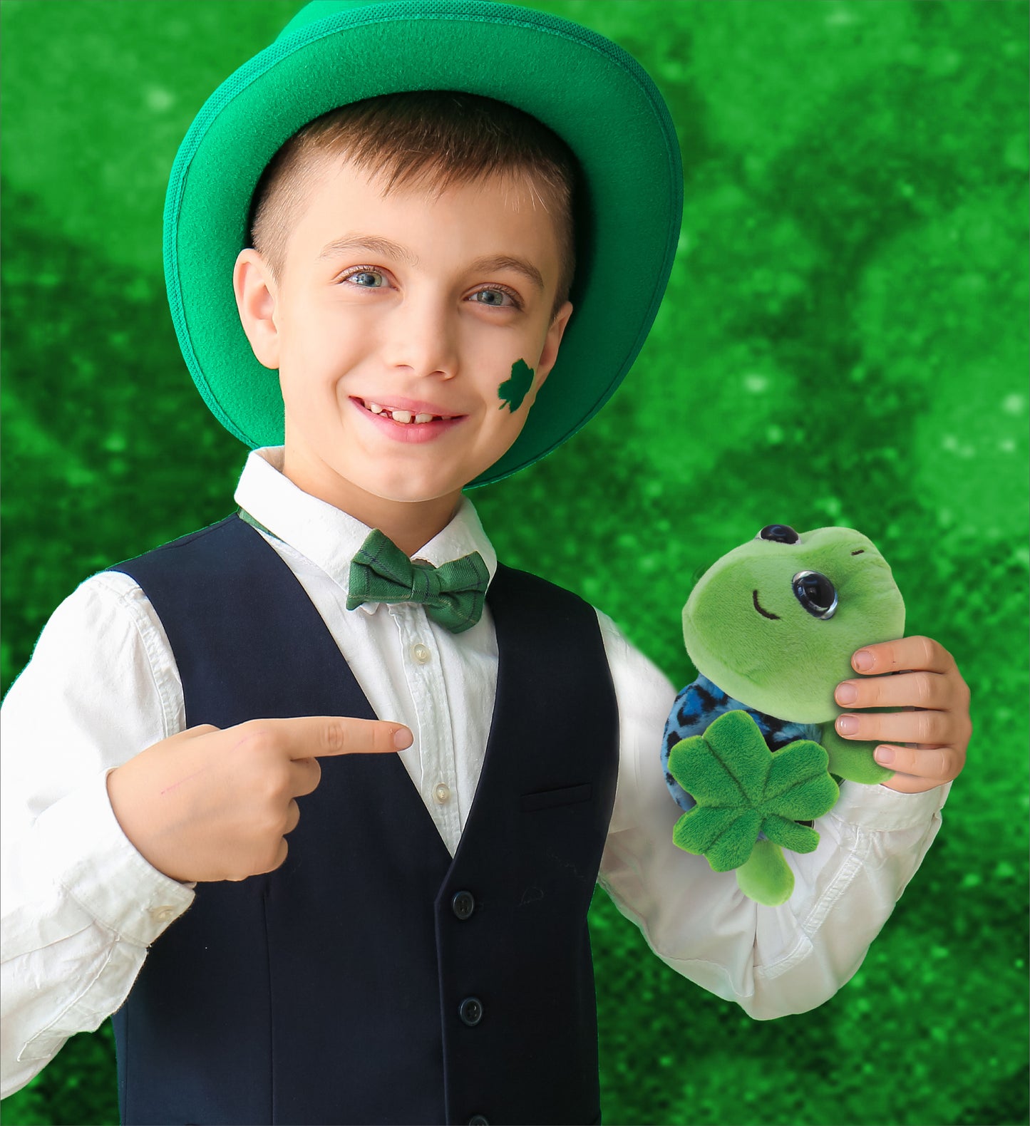 DolliBu Blue Shell Sea Turtle Stuffed Animal with Green Plush Shamrock - 6 Inch