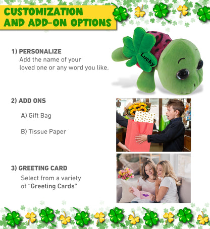 DolliBu Pink Shell Sea Turtle Stuffed Animal with Green Plush Shamrock - 6 Inch