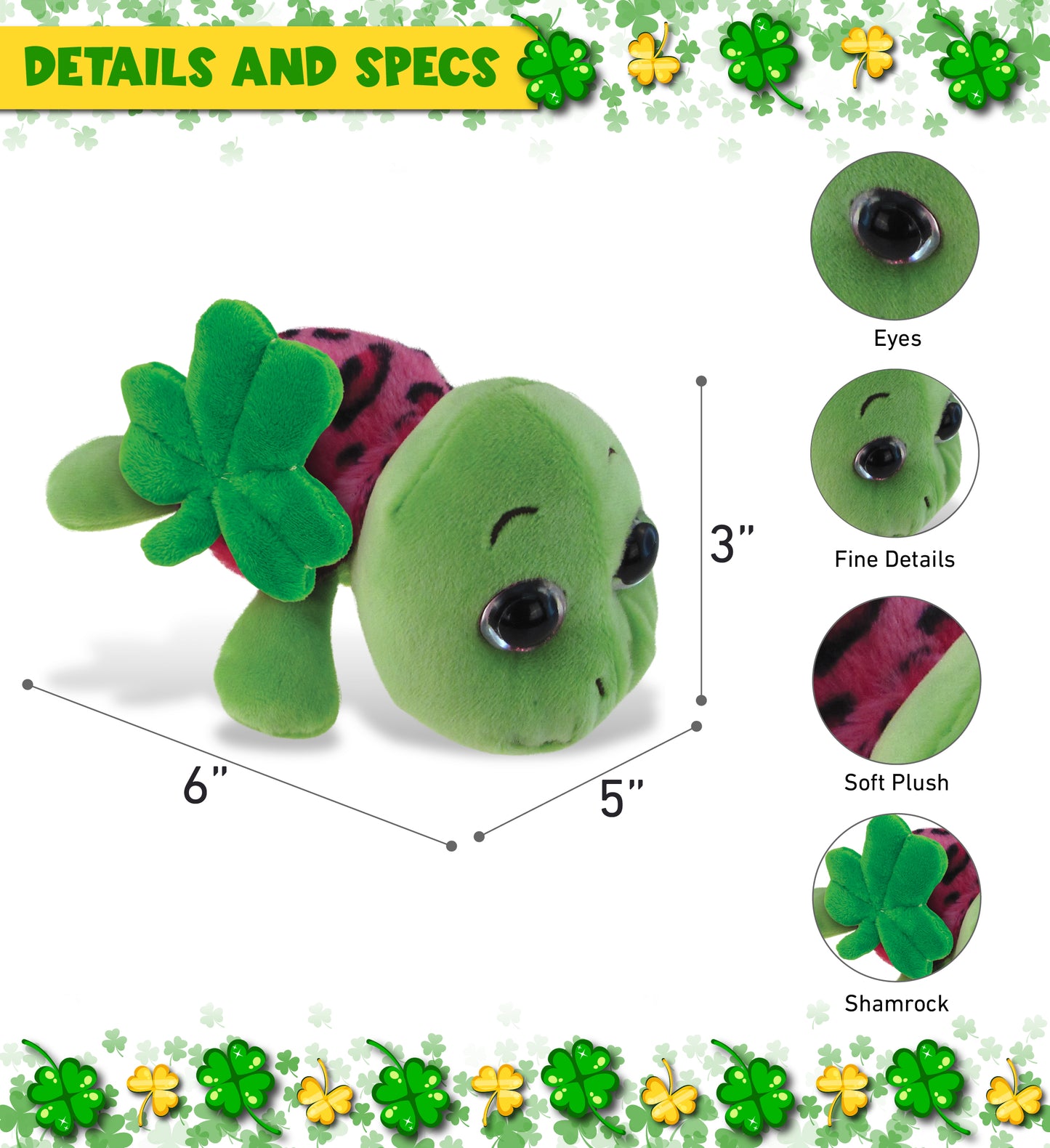DolliBu Pink Shell Sea Turtle Stuffed Animal with Green Plush Shamrock - 6 Inch