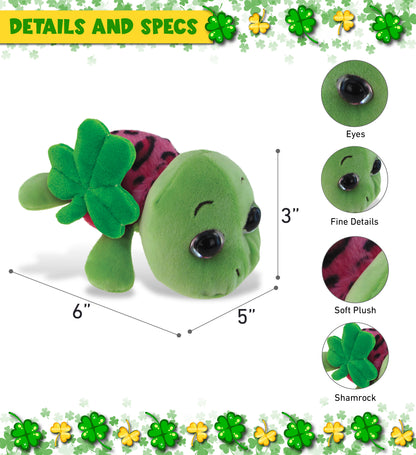 DolliBu Pink Shell Sea Turtle Stuffed Animal with Green Plush Shamrock - 6 Inch